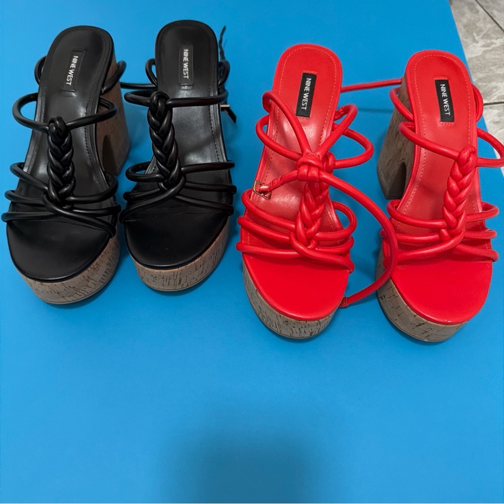 Nine West 2 Pair 10M Olander Platform Sandal Cork Wedge Black & Red BRAIDED SOFT
